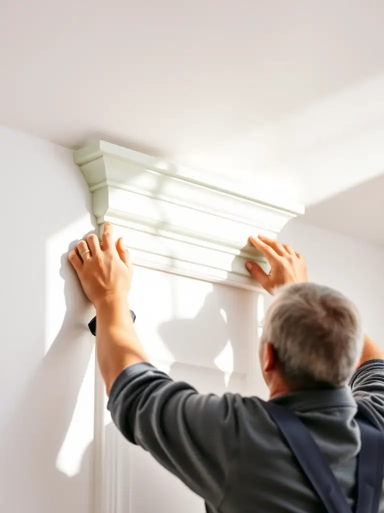 A worker installing crown molding at the top of a wall, showcasing the seamless integration and the elegant finish it provides to the room.