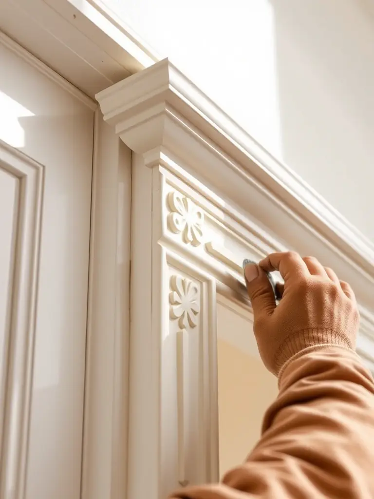 A close-up of a case molding being installed around a door frame, highlighting the intricate details and the enhancement of the doorway's appearance.