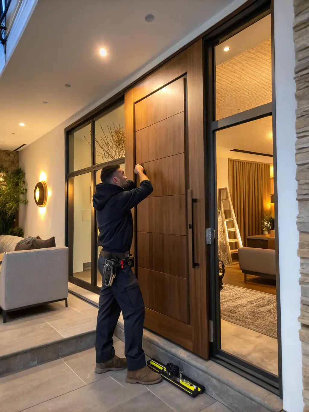 A professional installer fitting a solid oak interior door into a residential doorway, showcasing precision and craftsmanship.